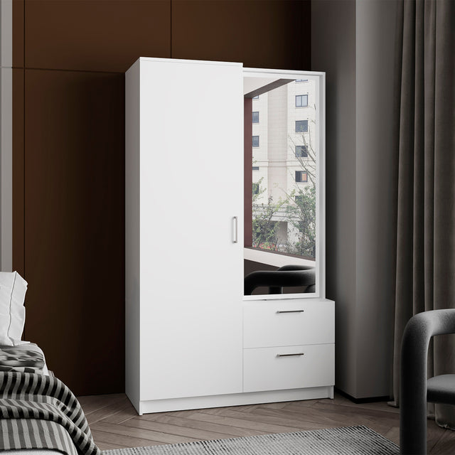 Vinco Armoire, 1 Door, 2 Drawers, 6 Shelves, 1 Mirror, White - Bedroom - sold by Home Elegance USA