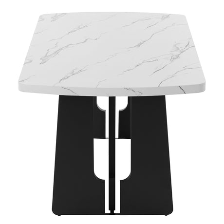 6 Piece Modern Dining Table Set, 63' Faux Marble Dining Table with Geometric Legs & 4 Upholstered Chairs & 1 Bench, Suitable for Dining Kitchen Room,Easy to Assemble, Beige + White - sold by Home Elegance USA