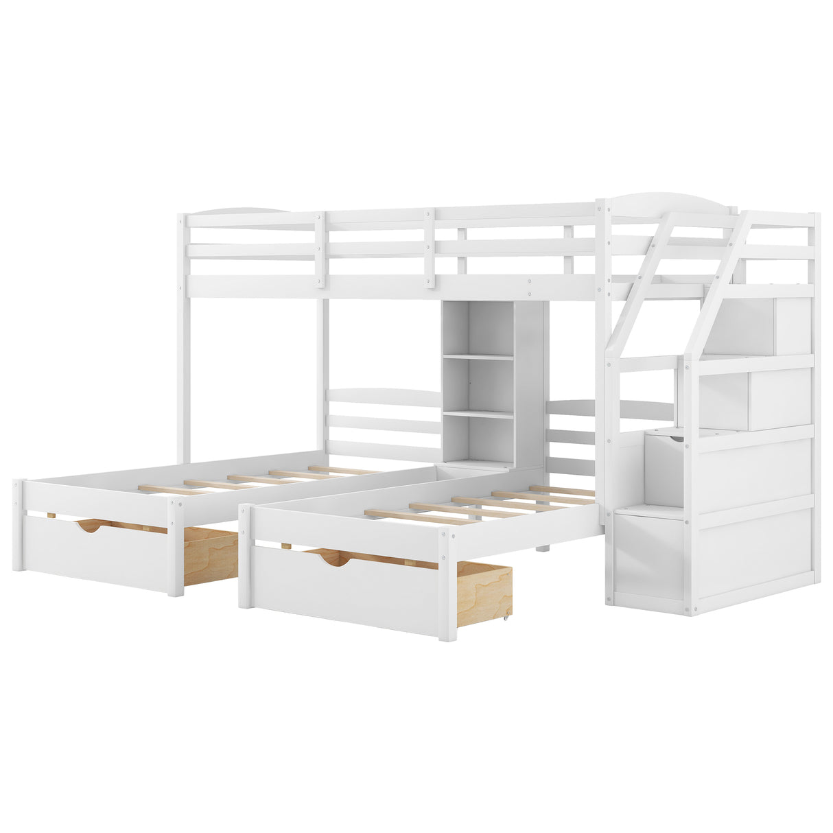 Twin over Twin&Twin Bunk Bed, Triple Bunk Bed with Drawers, Staircase with Storage, Built-in Shelves, White - sold by Home Elegance USA