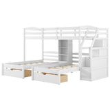 Twin over Twin&Twin Bunk Bed, Triple Bunk Bed with Drawers, Staircase with Storage, Built-in Shelves, White - sold by Home Elegance USA