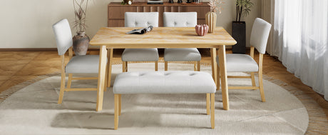 6 Piece Dining Room Table Set, Rustic Farmhouse Dining Room Rectangular Table with 4 Upholstered Chairs and Bench, Solid Wood Kitchen Dining Table Set for 6 Persons (Easy Assembly, Natural Wood Wash) - sold by Home Elegance USA