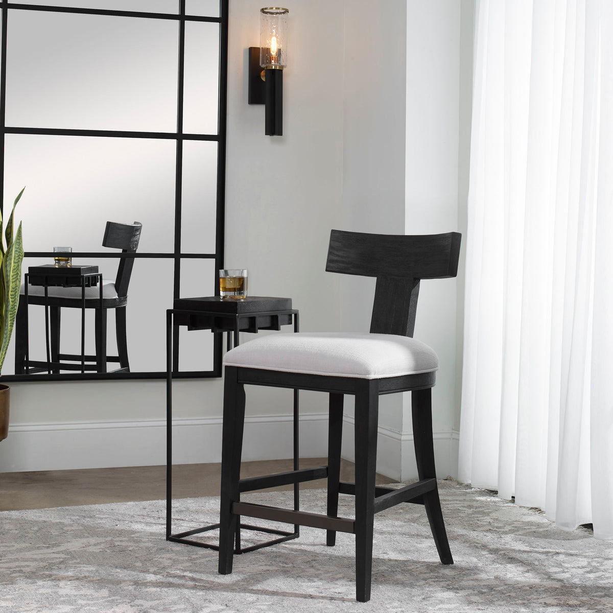 Idris Modern Wood Counter Stool Black & White - Black / White by Uttermost - View 2