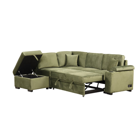 Green Velvet Sleeper Sofa Bed with Storage Ottoman, L Shape Pull Out Couch for Living Room and Bedroom - sold by Home Elegance USA