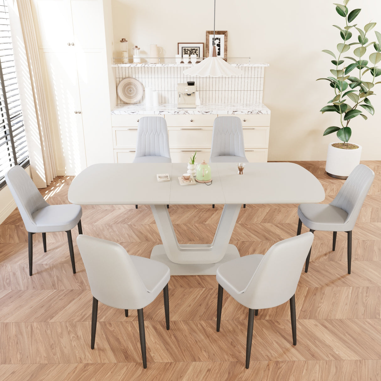 Juego de mesa de comedor expandible de 62,99 a 78,74 pies para 2 a 8 personas, equipado con 6 sillas de comedor acolchadas gruesas de tela de PU y una espaciosa mesa de comedor, mesa de cocina y sillas, con patas de mesa en forma de U