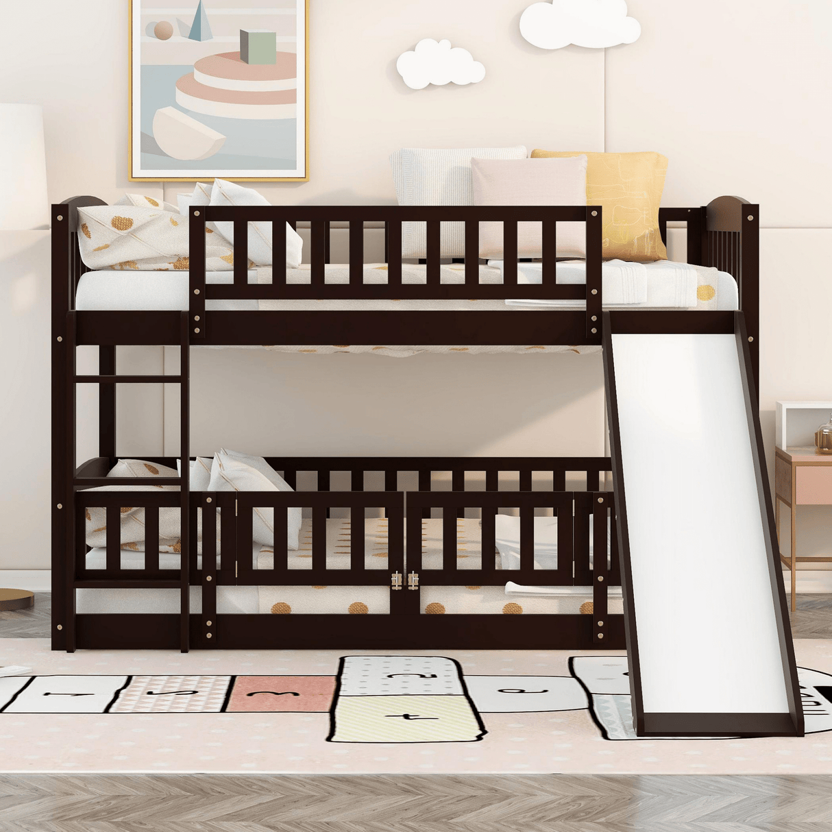 Bunk Bed with Slide,Twin Over Twin Low Bunk Bed with Fence and Ladder for Toddler Kids Teens Espresso - LT000082AAP - Home Elegance USA - 2