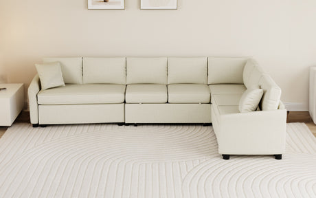 L-shaped Convertible Sofa Bed with USB Ports and Power Sockets, Beige Chenille Fabric, 124.8' Length - sold by Home Elegance USA