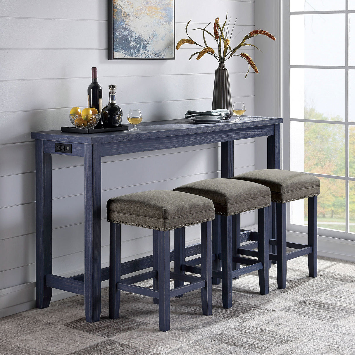 4pc Dining Table Set 1x Table 3x Stools Padded Seat Nailhead Trim USB Port And Power Outlet Antique Blue And Gray Finish