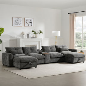 136'' Modular Sectional Sofa with Console, Cup Holder, USB Charger, Movable Storage Ottoman, Pull-line&Tufted Design, U-Shaped Oversized Chenille Sofa for Living Room&Apartment,2 Colors - sold by Home Elegance USA