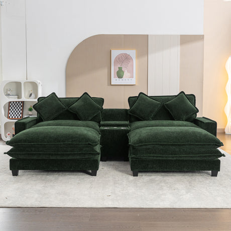 Chenille Upholstered 111' Sectional Sofa with Two Removable Ottomans, USB Ports, Cup Holders, and Storage, Green - sold by Home Elegance USA