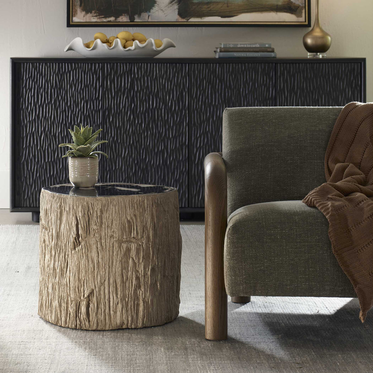 Arco Petrified Wood Top Accent Table Black / White - Beige by Uttermost - View 2