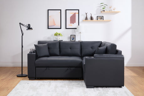 Duilio 84.5'W Black PVC Fabric Sleeper Sectional with USB Charger, Cupholders, Storage Arms - sold by Home Elegance USA
