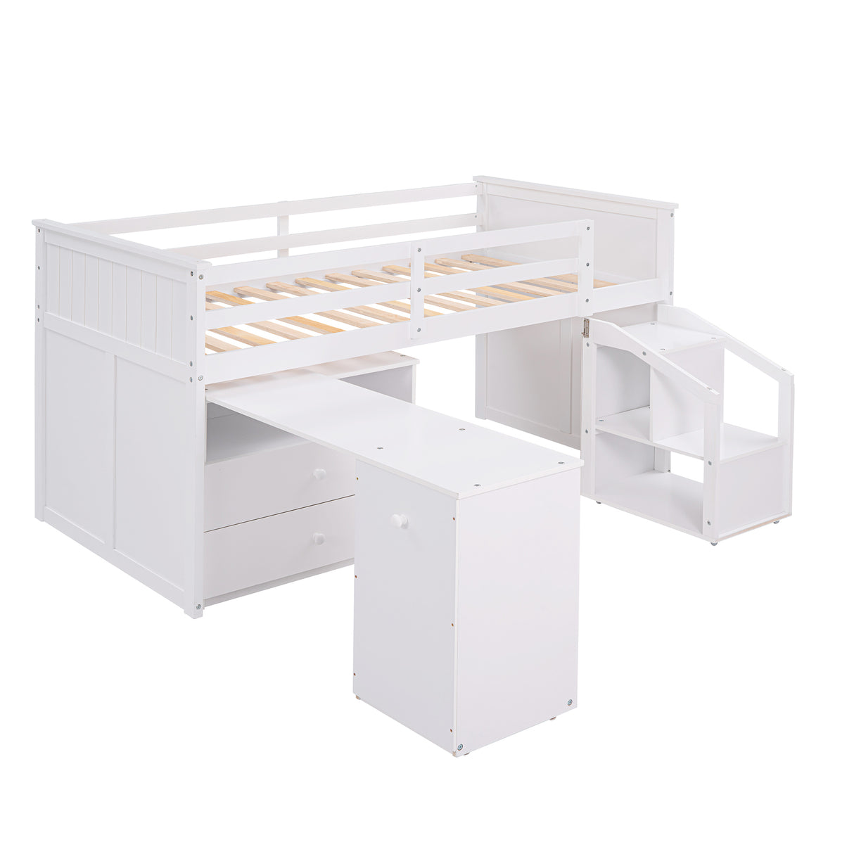 Loft Bed Low Study Twin Size Loft Bed With Storage Steps and Portable,Desk,White(OLD SKU: LT000101AAK) - Home Elegance USA