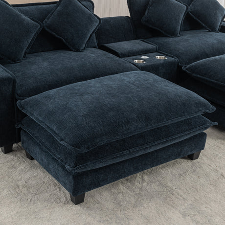 Contemporary Chenille Upholstered Sectional Sofa with Ottomans, USB Ports, Cup Holders & Storage, Blue - sold by Home Elegance USA