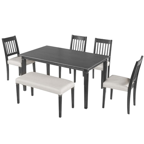 6-Piece Retro Dining Room Set, Classic Kitchen Furniture Set, Wooden Rectangular Table and 4 Chairs with Bench for kitchen & Dining Room, Easy Assembly, Space Saving, DOVETAIL GREY - sold by Home Elegance USA