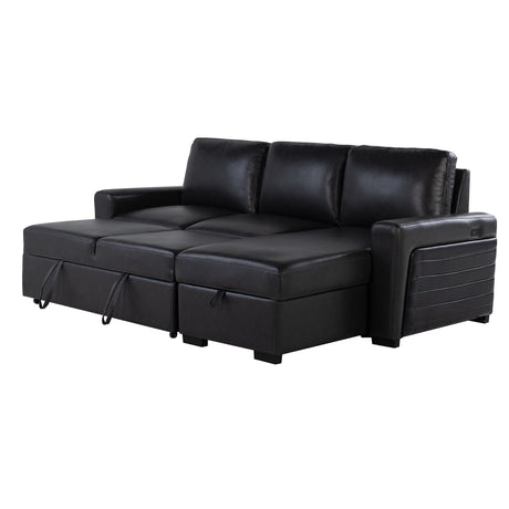 Montero Charcoal-Black Complete Sofabed with Pull-Out Bed, Wood Frame, Semi-Firm Seating, Drop-Down Table, USB and Cup Holders, Storage Chaise - sold by Home Elegance USA
