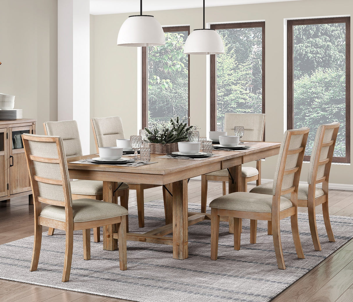 Light Oak Finish 7pc Dining Set Self-Storing Leaf Table and Side Chairs Beige Wooden Dining Furniture