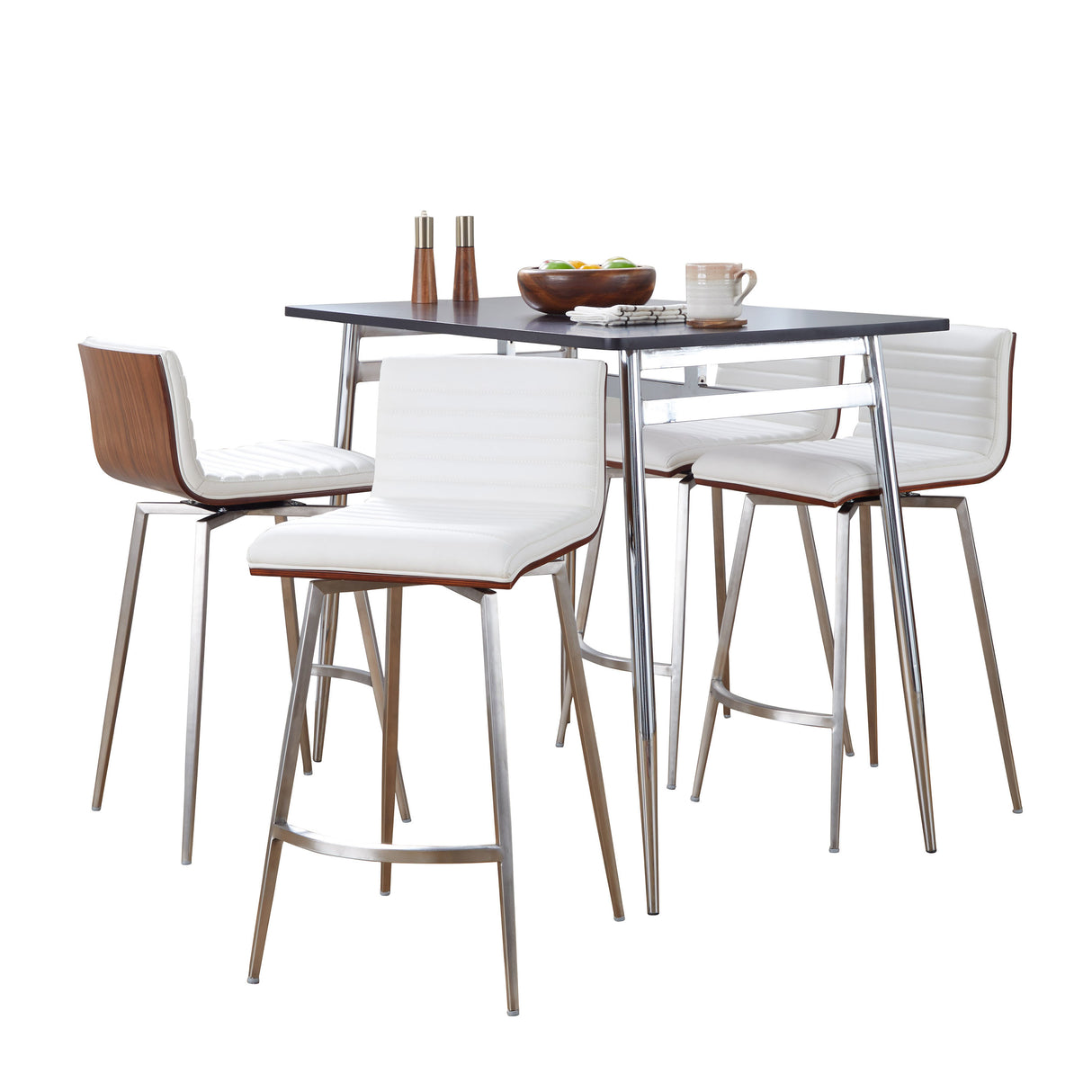 Marcel-Mason Swivel Contemporary Counter Height Dining Set in Chrome Metal with Black Wood Tabletop and Stainless Steel, Walnut Wood with White Faux Leather by LumiSource - 5 Piece