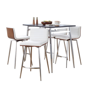 Marcel-Mason Swivel Contemporary Counter Height Dining Set in Chrome Metal with Black Wood Tabletop and Stainless Steel, Walnut Wood with White Faux Leather by LumiSource - 5 Piece - sold by Home Elegance USA