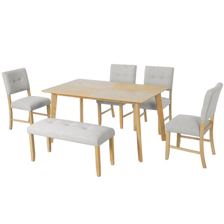 6 Piece Dining Room Table Set, Rustic Farmhouse Dining Room Rectangular Table with 4 Upholstered Chairs and Bench, Solid Wood Kitchen Dining Table Set for 6 Persons (Easy Assembly, Natural Wood Wash) - sold by Home Elegance USA