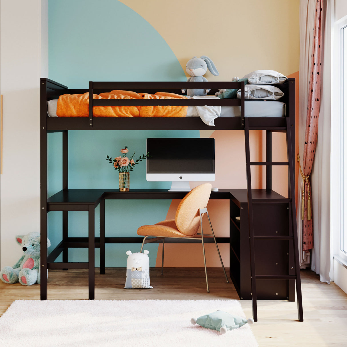 Full size Loft Bed with Shelves and Desk, Wooden Loft Bed with Desk - Espresso - Home Elegance USA