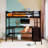 Full size Loft Bed with Shelves and Desk, Wooden Loft Bed with Desk - Espresso - Home Elegance USA