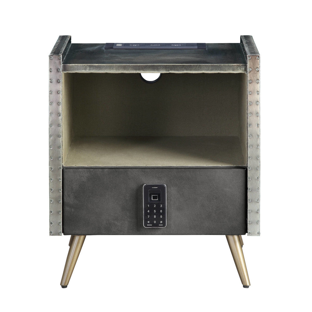 Acme - Doris Nightstand W/USB & Electric Lock BD00440 Gray Top Grain Leather & Aluminum