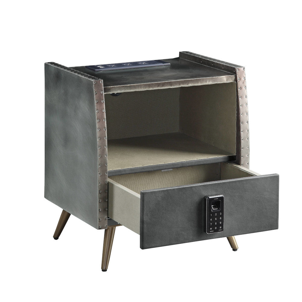 Acme - Doris Nightstand W/USB & Electric Lock BD00440 Gray Top Grain Leather & Aluminum