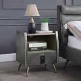 Acme - Doris Nightstand W/USB & Electric Lock BD00440 Gray Top Grain Leather & Aluminum