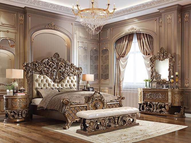 Acme - Constantine EK Bed BD00471EK Synthetic Leather , Light Gold, Brown & Gold Finish