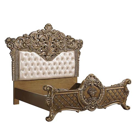 Acme - Constantine EK Bed BD00471EK Synthetic Leather , Light Gold, Brown & Gold Finish