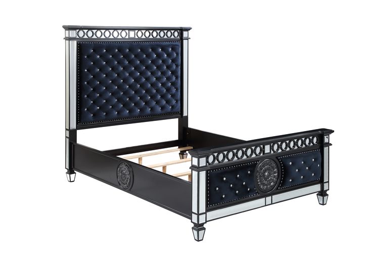 Acme - Varian II EK Bed BD00583EK Mirrored, Dark Navy Blue Velvet & Black & Sliver Finish