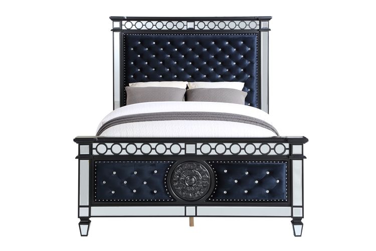 Acme - Varian II EK Bed BD00583EK Mirrored, Dark Navy Blue Velvet & Black & Sliver Finish