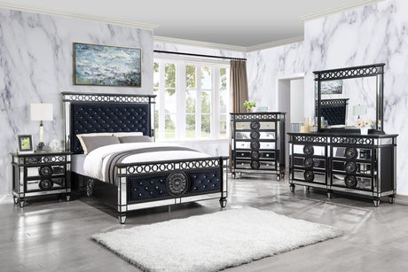 Acme - Varian II EK Bed BD00583EK Mirrored, Dark Navy Blue Velvet & Black & Sliver Finish