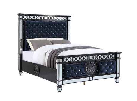 Acme - Varian II Queen Bed BD00584Q Mirrored, Dark Navy Blue Velvet & Black & Sliver Finish