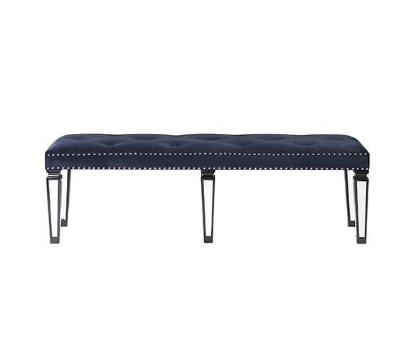 Acme - Varian II Bench BD00589 Mirrored, Dark Navy Velvet & Black & Sliver Finish