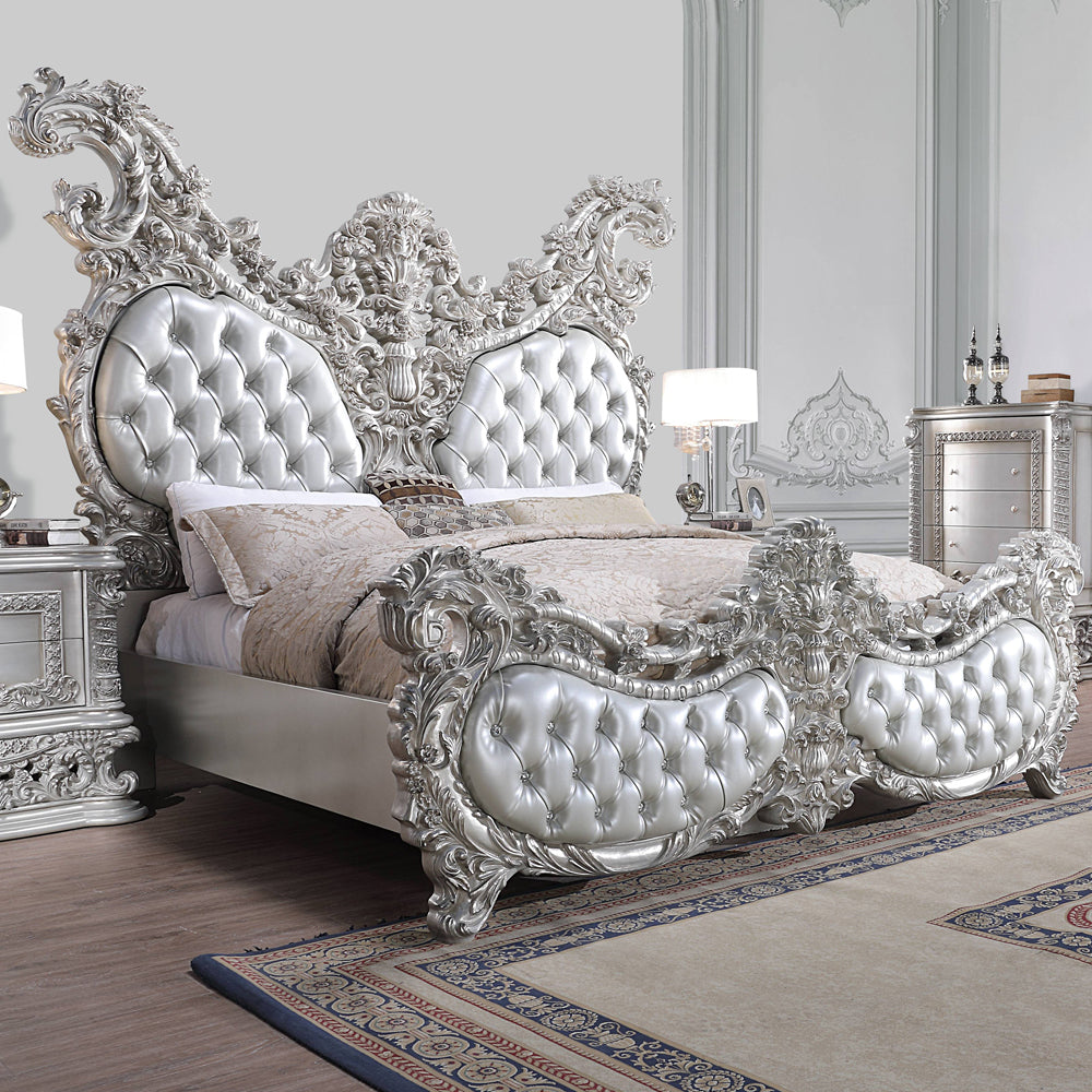 Acme - Valkyrie EK Bed BD00683EK Synthetic Leather & Antique Platinum Finish