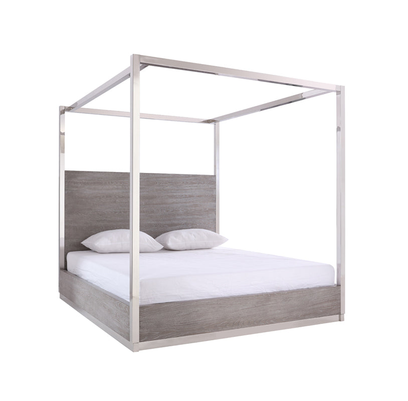 Eastern King Arlene Modern Grey Elm & Stainless Steel Canopy Bed - View Image 1