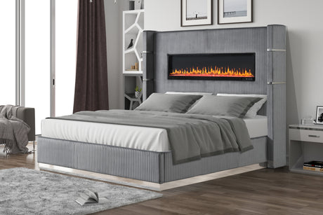LIZZELLE Upholstery Wooden King 5 PC Bedroom set with Ambient lighting in Gray Velvet Finish(CA INVENTORY) - sold by Home Elegance USA
