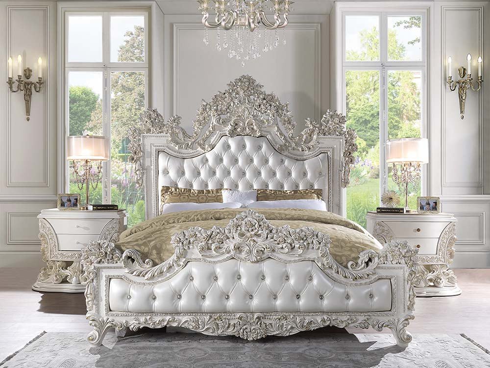 Adara EK Bed BD01248EK Pearl White Synthetic Leather & Antique White Finish | Acme - BD01248EK - Home Elegance USA - 6