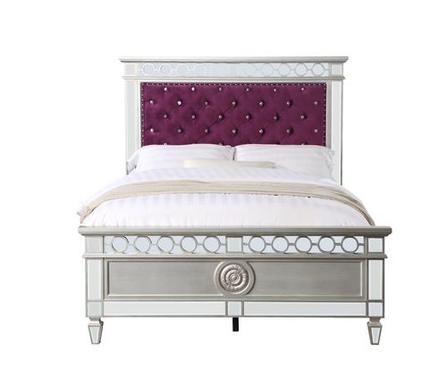 Acme - Varian Full Bed BD01278F Burgundy Velvet, Silver & Mirrored Finish