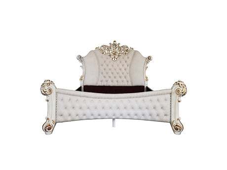 Acme - Vendome EK Bed BD01335EK Two Tone Ivory Fabric & Antique Pearl Finish