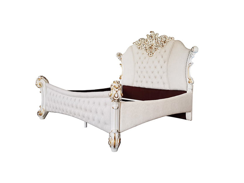 Acme - Vendome EK Bed BD01335EK Two Tone Ivory Fabric & Antique Pearl Finish