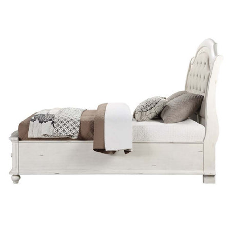 Acme - Jaqueline EK Bed W/Storage BD01432EK Gray Linen & Antique White Finish