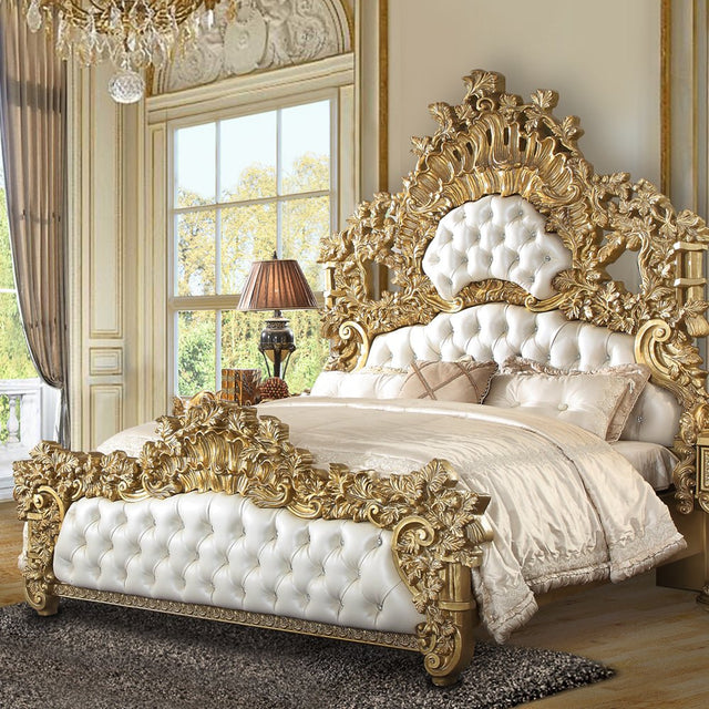 Bernadette EK Bed BD01474EK White Synthetic Leather Fabric & Gold Finish | Acme - BD01474EK - Home Elegance USA - 1