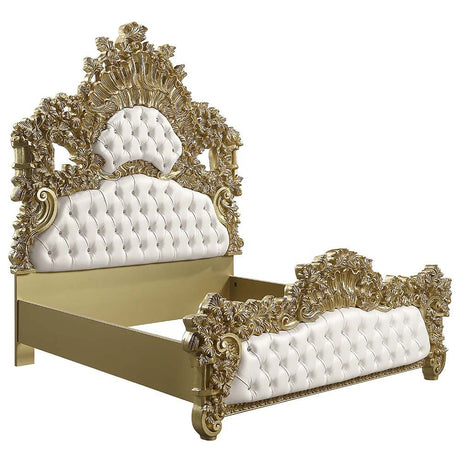 Bernadette EK Bed BD01474EK White Synthetic Leather Fabric & Gold Finish | Acme | Home Elegance USA