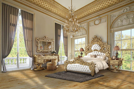 Bernadette EK Bed BD01474EK White Synthetic Leather Fabric & Gold Finish | Acme | Home Elegance USA