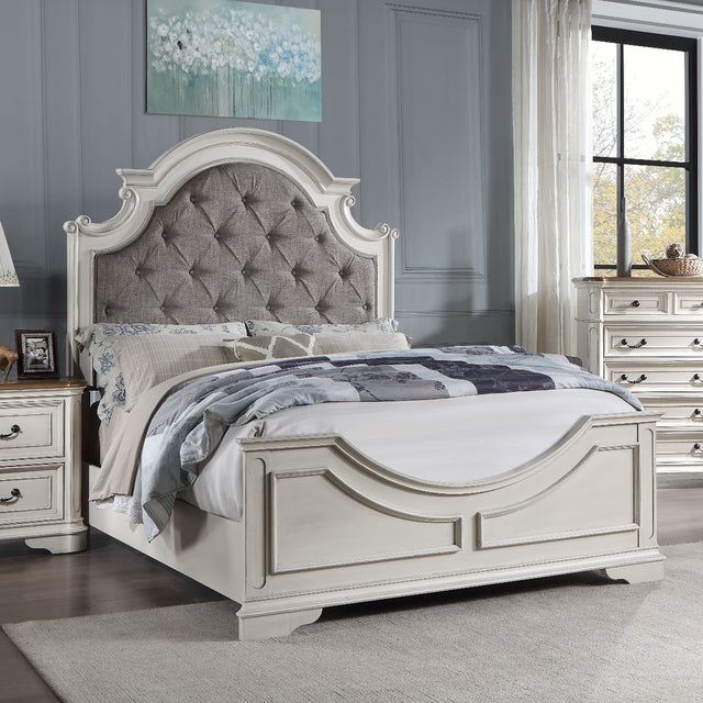 Acme - Florian EK Bed BD01647EK Gray Fabric & Antique White Finish