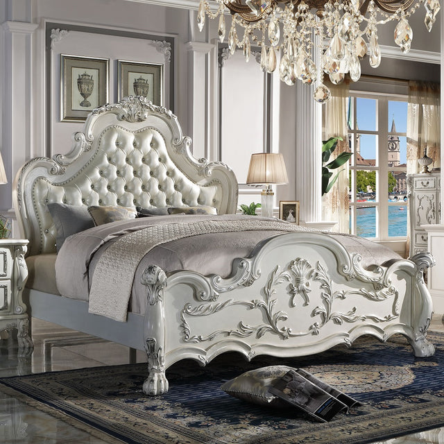 Acme - Dresden Eastern King Bed BD01681EK Synthetic Leather & Bone White Finish