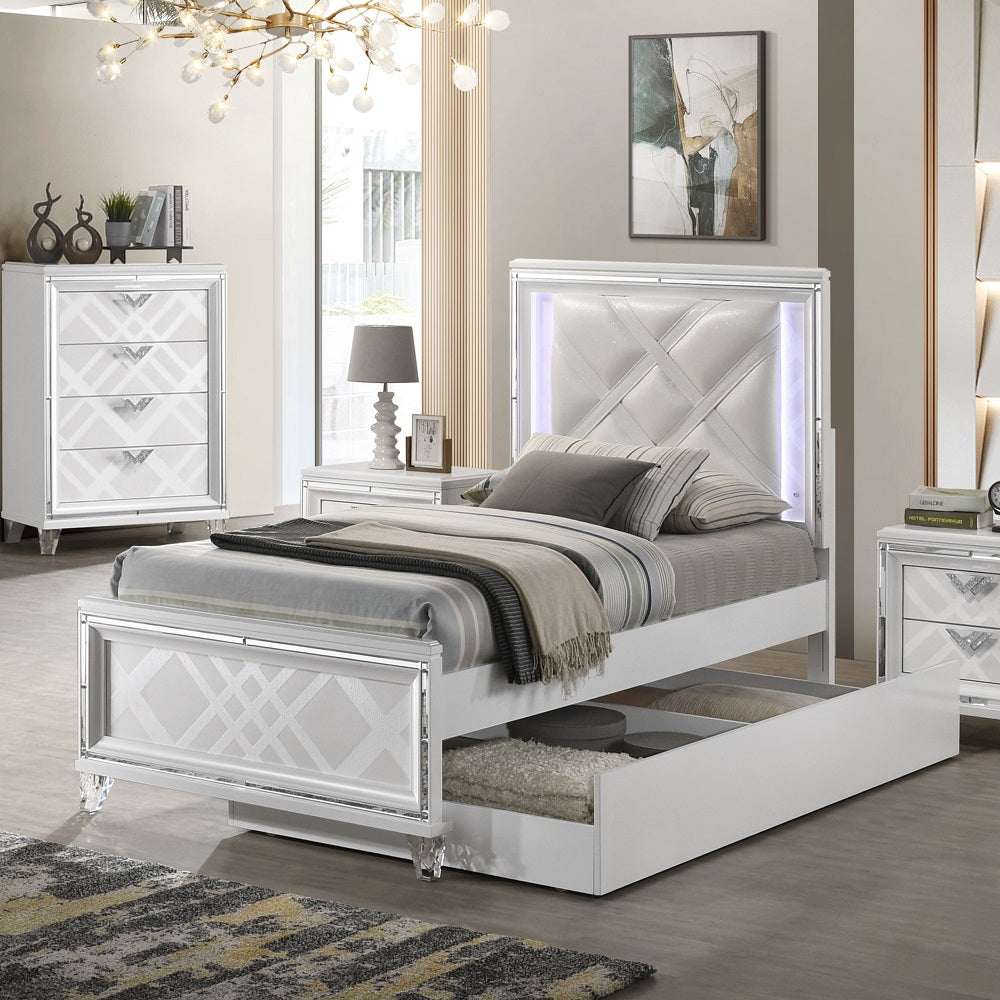 Acme - Skylar Twin Bed W/Led BD02033T Synthetic Leather & Pearl White Finish