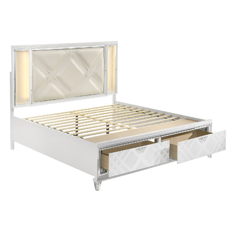 Acme - Skylar EK Bed W/Led & Storage BD02247EK Synthetic Leather & Pearl White Finish